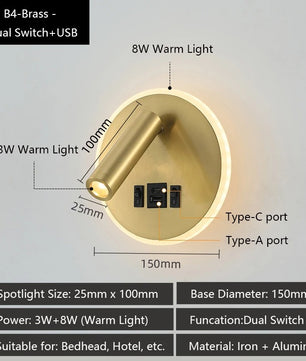 Moderne LED Wandlamp met USB Oplaadpoorten – Verstelbare Leeslamp en Sfeerverlichting voor Slaapkamer en Hotel