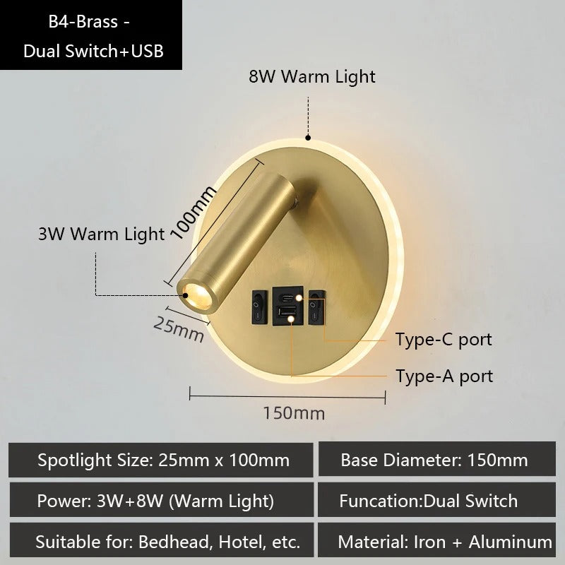 Moderne LED Wandlamp met USB Oplaadpoorten – Verstelbare Leeslamp en Sfeerverlichting voor Slaapkamer en Hotel