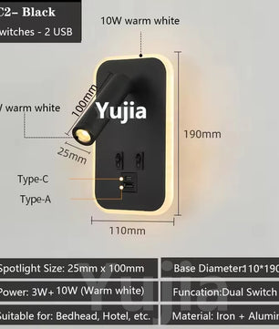 Moderne LED Wandlamp met USB Oplaadpoorten – Verstelbare Leeslamp en Sfeerverlichting voor Slaapkamer en Hotel