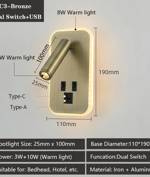 Moderne LED Wandlamp met USB Oplaadpoorten – Verstelbare Leeslamp en Sfeerverlichting voor Slaapkamer en Hotel