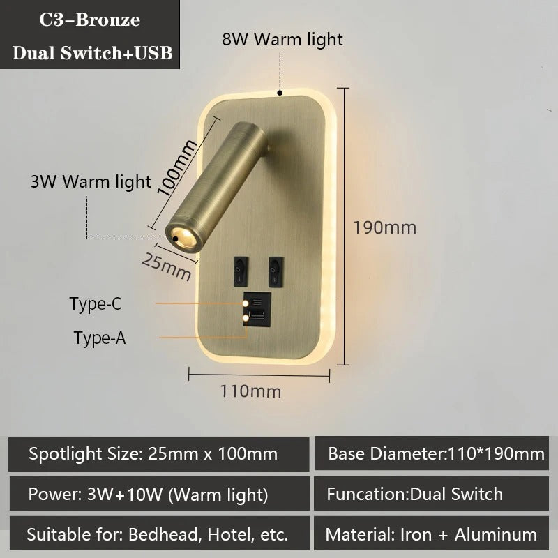 Moderne LED Wandlamp met USB Oplaadpoorten – Verstelbare Leeslamp en Sfeerverlichting voor Slaapkamer en Hotel