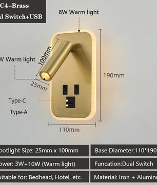 Moderne LED Wandlamp met USB Oplaadpoorten – Verstelbare Leeslamp en Sfeerverlichting voor Slaapkamer en Hotel