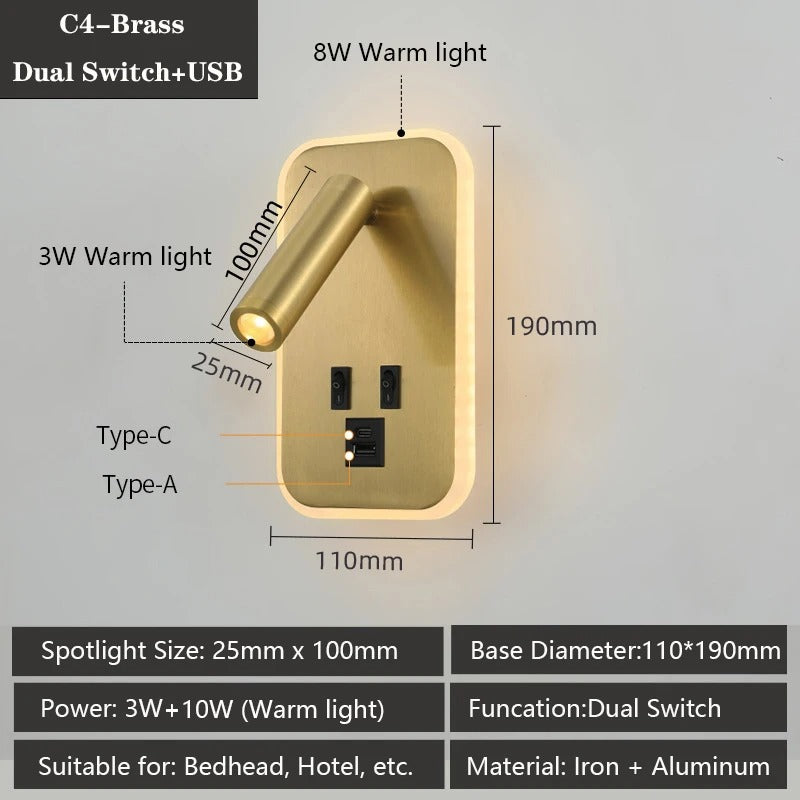 Moderne LED Wandlamp met USB Oplaadpoorten – Verstelbare Leeslamp en Sfeerverlichting voor Slaapkamer en Hotel