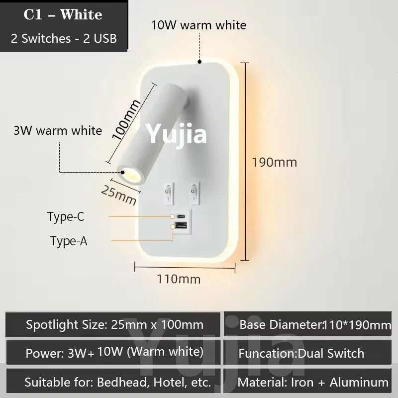 Moderne LED Wandlamp met USB Oplaadpoorten – Verstelbare Leeslamp en Sfeerverlichting voor Slaapkamer en Hotel