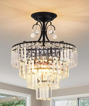 Kristallen Ronde Kroonluchter – Zwart Antiek Modern Design met K9 Kristallen – Dimbare Semi-Flush Plafondlamp voor Woonkamer en Eetkamer