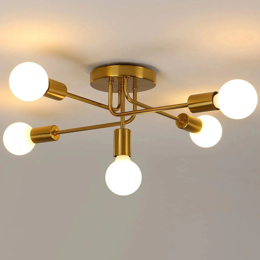 Retro Industriële Plafondlamp Goud – 5-Lichts Metalen Kroonluchter met E27 Fittingen voor Woonkamer en Keuken