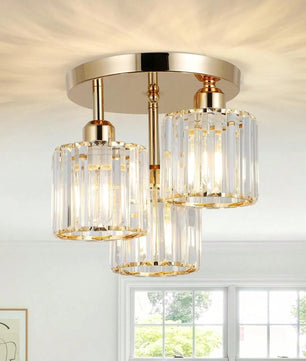 Moderne Gouden Plafondlamp – 3-Lichts Semi-Inbouw met Kristalglas voor Keuken en Woonkamer