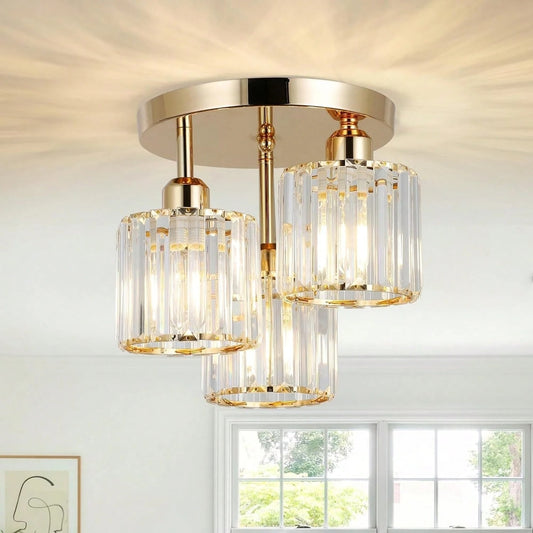 Moderne Gouden Plafondlamp – 3-Lichts Semi-Inbouw met Kristalglas voor Keuken en Woonkamer