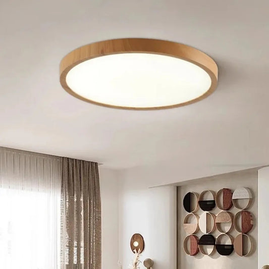 Ultradunne Ronde LED Plafondlamp met Houtnerf – Walnootlook – 24W Ø30 cm – Driekleurig Licht voor Woonkamer en Slaapkamer