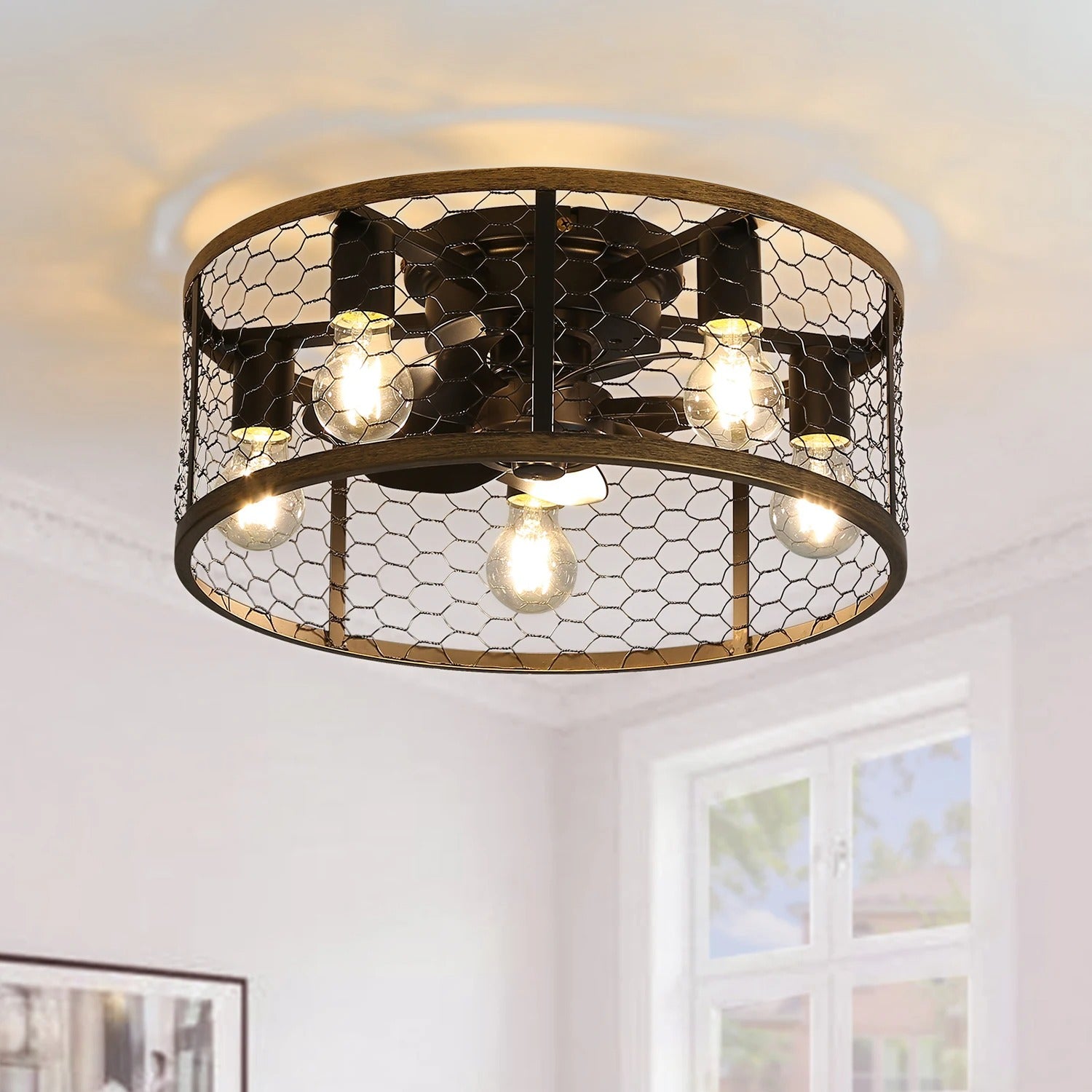 Moderne Plafondventilator met Licht – 20 Inch Zwarte Cage Ventilator met 6 Snelheden, Stille DC-Motor, Omkeerfunctie en Afstandsbediening voor Binnen en Overdekt Buiten