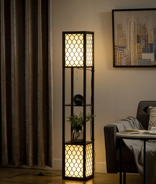 Houten Vloerlamp met Planken – Moderne Staande Lamp met Opbergruimte – E27 Sfeerverlichting voor Woonkamer en Slaapkamer