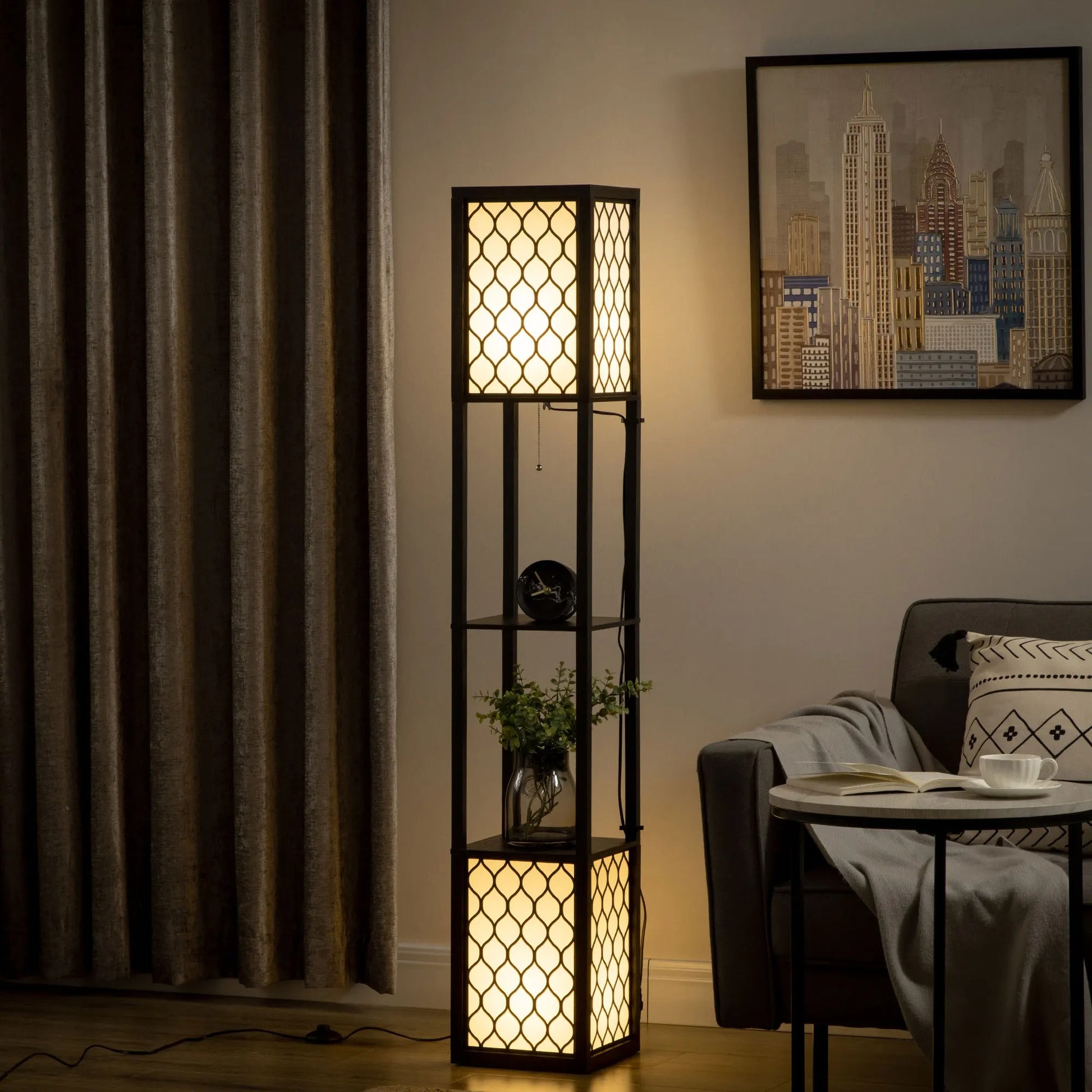 Houten Vloerlamp met Planken – Moderne Staande Lamp met Opbergruimte – E27 Sfeerverlichting voor Woonkamer en Slaapkamer