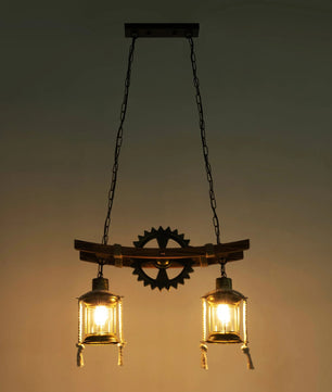 Vintage 2-Lichts Hanglamp – Houten Kroonluchter met Tandwiel Design – Rustieke Industriële Plafondlamp met E27 Fittingen