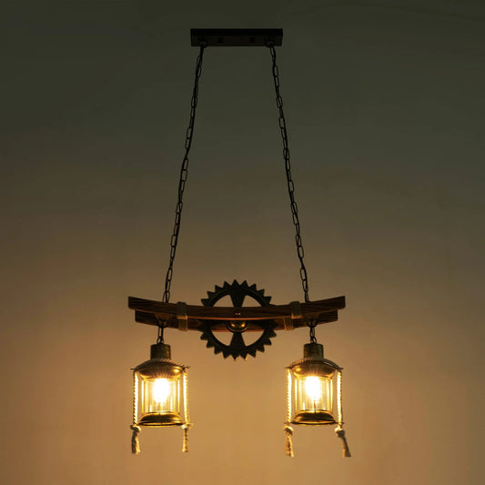 Vintage 2-Lichts Hanglamp – Houten Kroonluchter met Tandwiel Design – Rustieke Industriële Plafondlamp met E27 Fittingen
