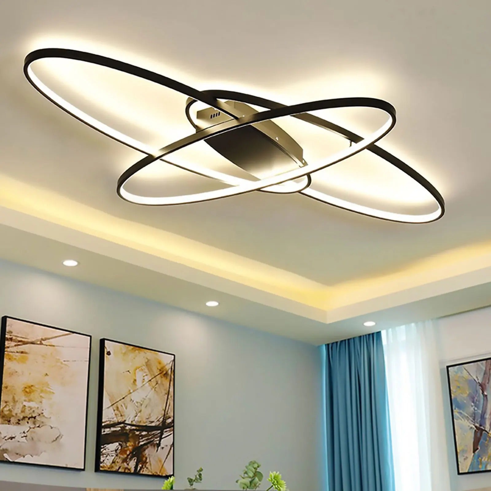 Moderne Geometrische LED Plafondlamp – 70W Zwart – Dimbaar met Afstandsbediening – Ellips Design voor Woonkamer en Slaapkamer
