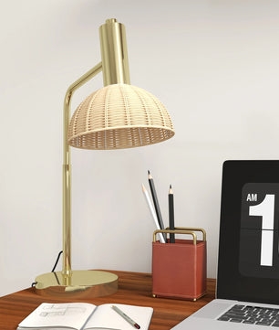 Tafellamp met Rotan Kap – Sfeervolle Nachtlamp met E14 Fitting, Warm LED Licht en Bronzen Frame