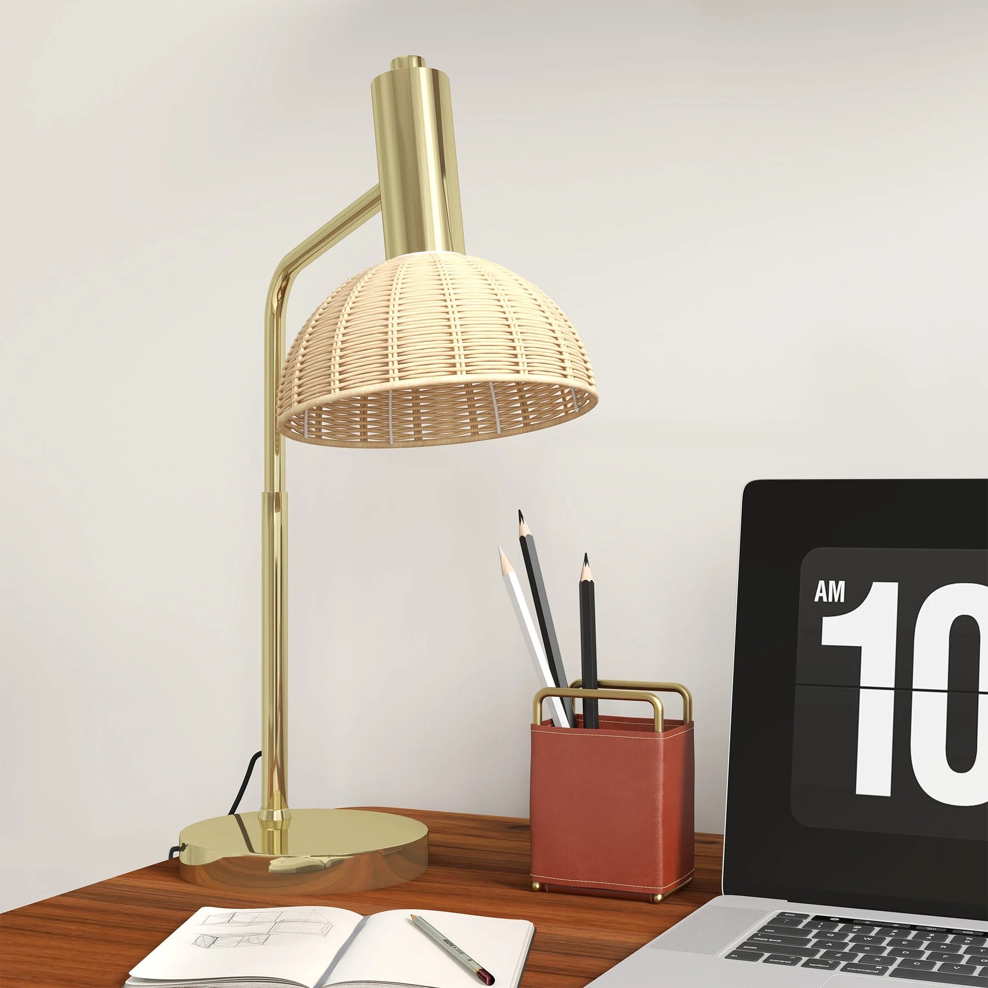 Tafellamp met Rotan Kap – Sfeervolle Nachtlamp met E14 Fitting, Warm LED Licht en Bronzen Frame