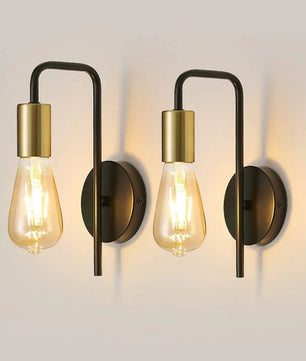 Set van 2 Vintage Wandlampen – Industriële Retro Wandspots van Gesmeed Staal met E27 Fitting – Zwart met Gouden Accent