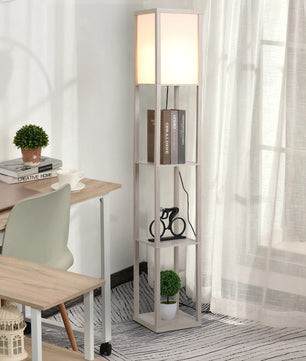 Vloerlamp met 3 Opbergplanken – Moderne Staande Lamp van MDF met E27 Fitting – Functionele Verlichting en Opbergruimte voor Woonkamer en Slaapkamer