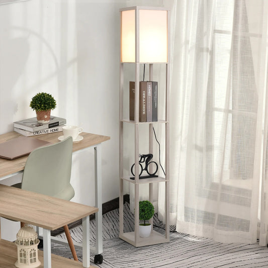 Vloerlamp met 3 Opbergplanken – Moderne Staande Lamp van MDF met E27 Fitting – Functionele Verlichting en Opbergruimte voor Woonkamer en Slaapkamer