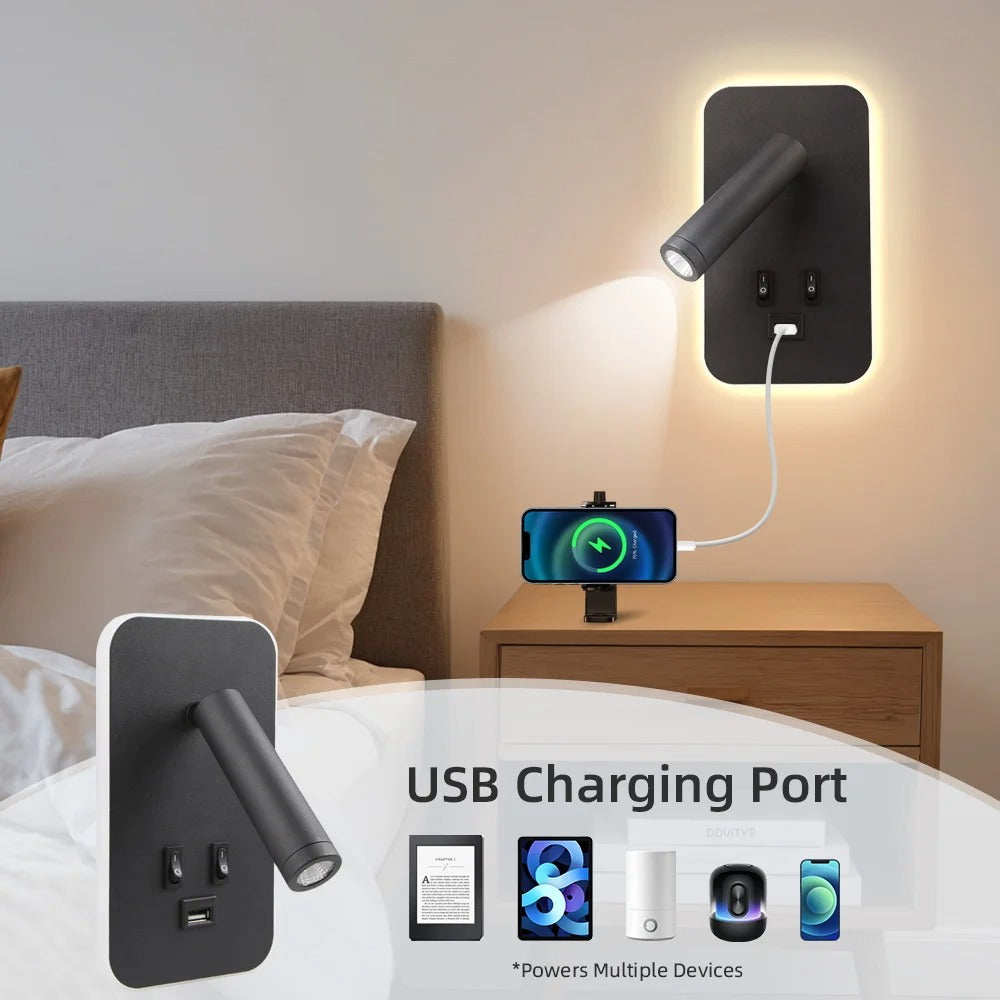 Nachtkastje Wandlamp met USB – 3-in-1 LED Leeslamp en Wandverlichting met Draaibare Spot