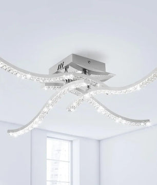 Moderne LED Plafondlamp – 32W 4-Lichts Golvend Design – Chroom Aluminium met Acryl – 5500K Koel Wit voor Woonkamer, Keuken en Hal
