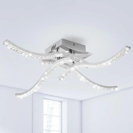 Moderne LED Plafondlamp – 32W 4-Lichts Golvend Design – Chroom Aluminium met Acryl – 5500K Koel Wit voor Woonkamer, Keuken en Hal