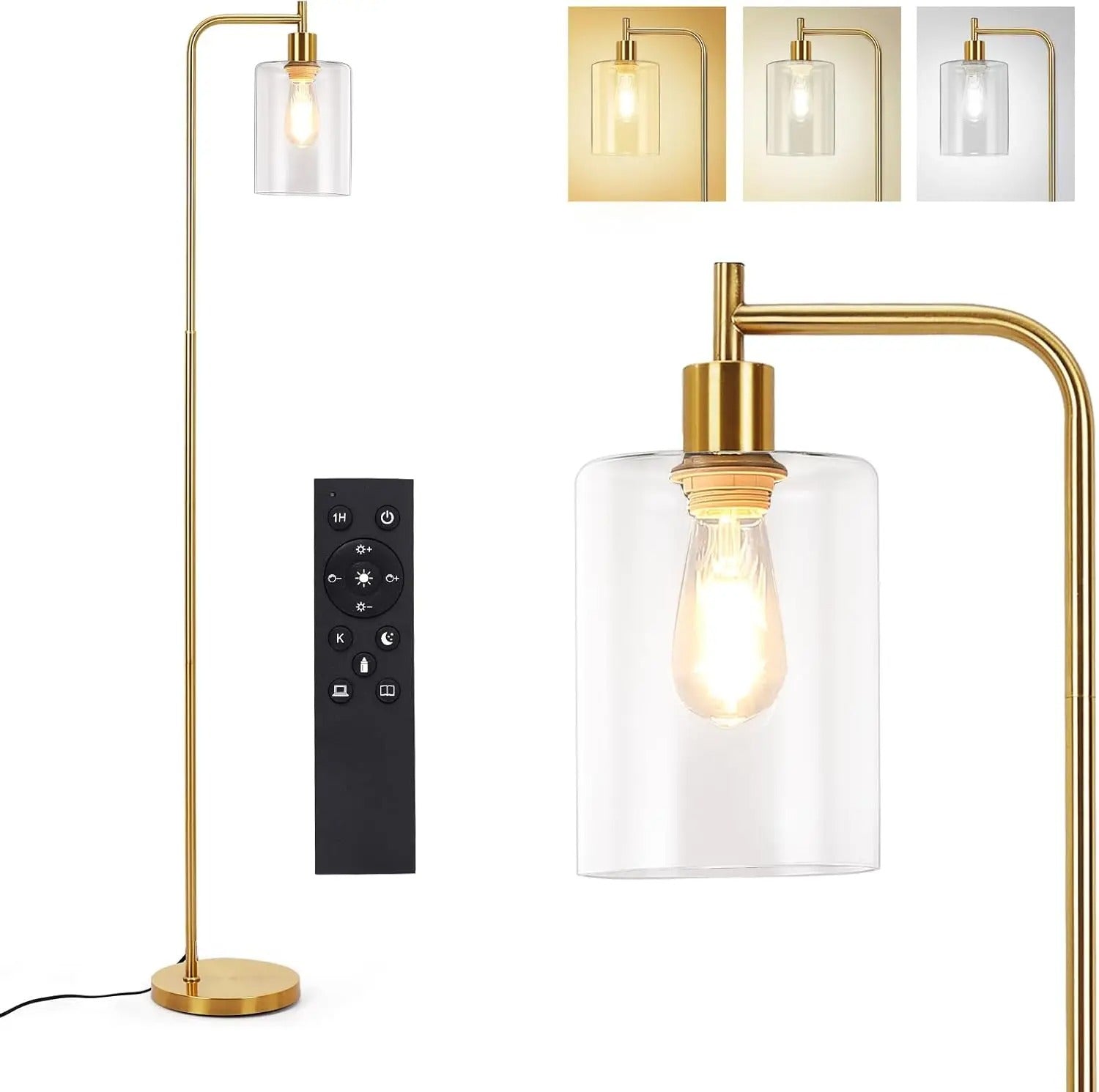 Moderne Industriële Vloerlamp met Glazen Kap – Dimbare LED Staande Lamp E27 met Afstandsbediening en Voetschakelaar – Sfeerverlichting voor Woonkamer en Slaapkamer