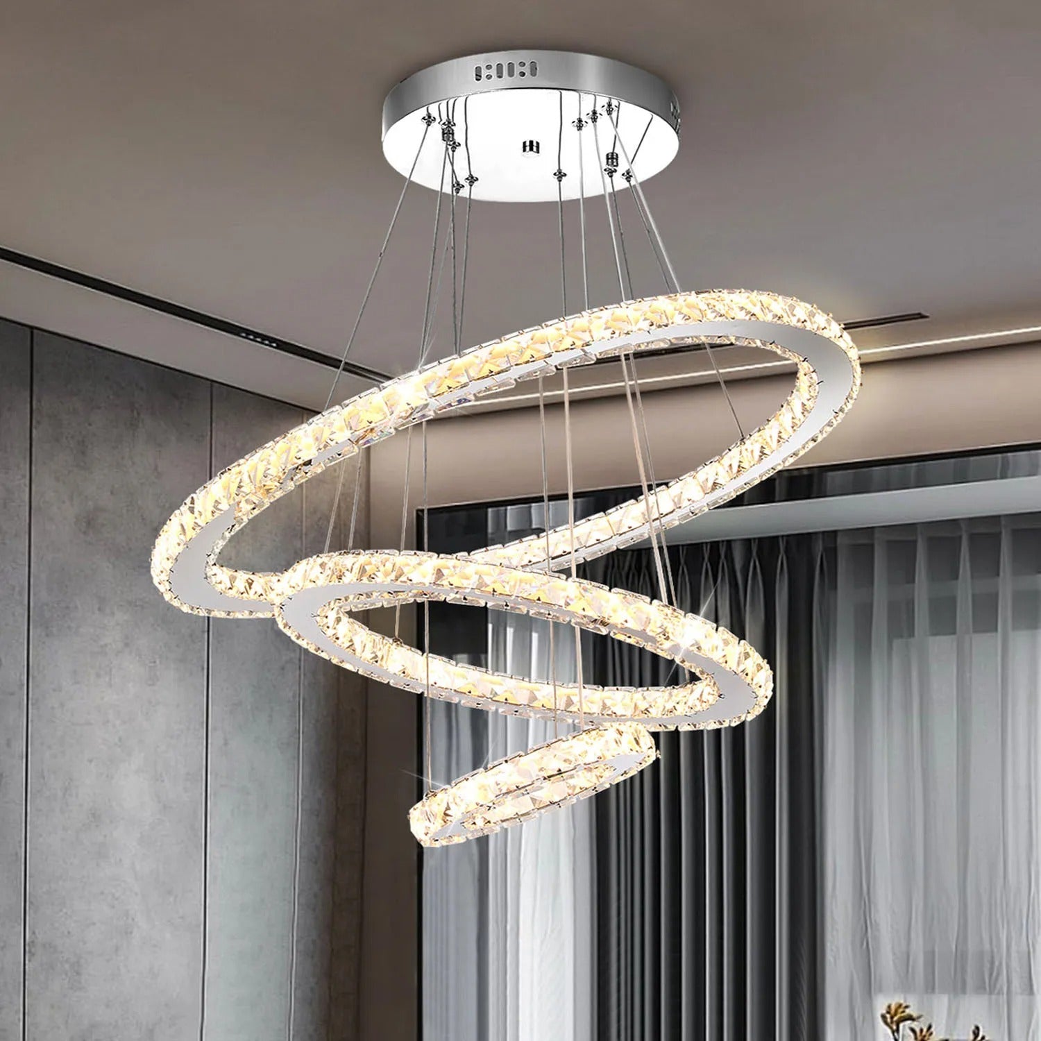 Moderne Kristallen LED Hanglamp – 3 Ringen Ø60+40+20 cm – 60W Dimbaar en In Hoogte Verstelbaar met Afstandsbediening voor Woonkamer en Eetkamer