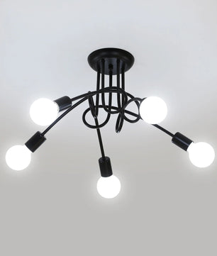 Moderne Zwarte Spoetnik Kroonluchter – 5-Lichts Plafondlamp met E27 Fittingen in Mid-Century Stijl