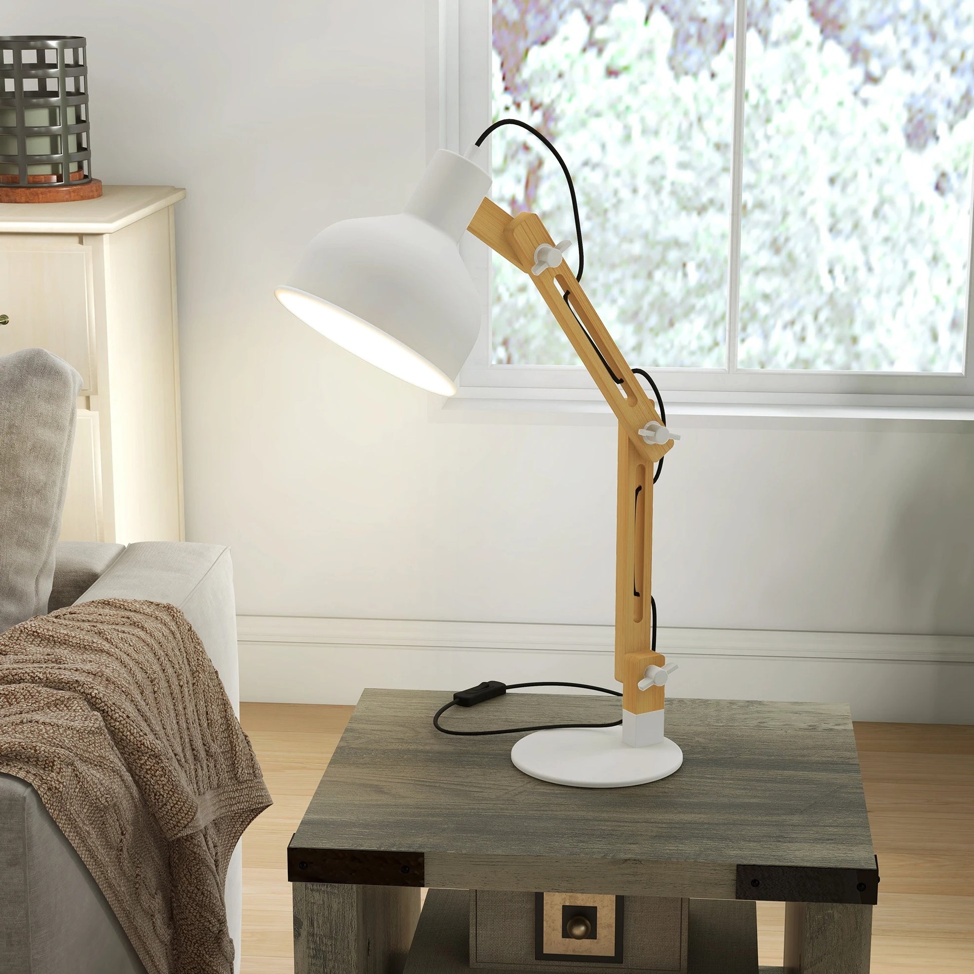 Verstelbare Bureaulamp met Klembasis – Leeslamp met Zwenkarm, Bamboe Design en E27 Fitting