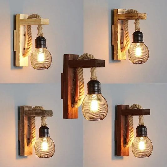 Retro Industriële Wandlamp – Hout en IJzer – Vintage Decoratieve Wandverlichting voor Woonkamer, Slaapkamer en Horeca