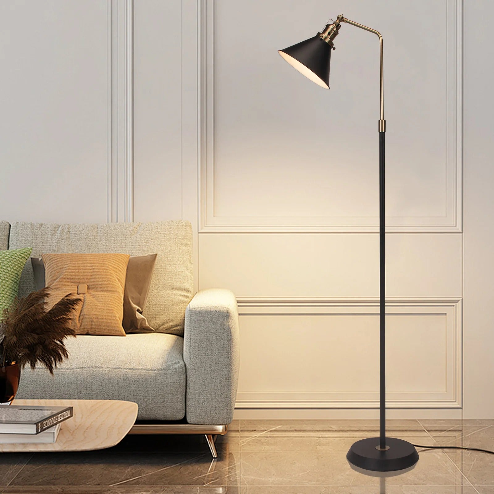 Industriële Vloerlamp Zwart met Goud – Vintage Staande Lamp met Draaibare Kop – E27 Verlichting voor Woonkamer en Leeshoek