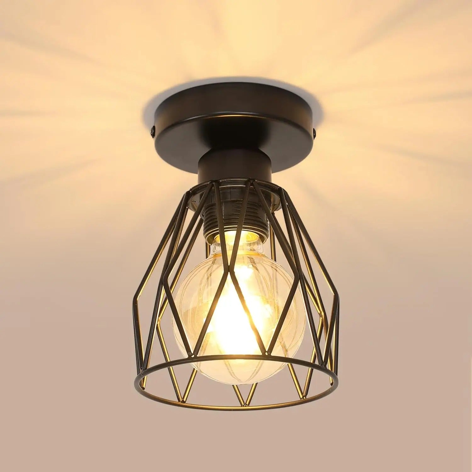 Industriële Plafondlamp Zwart – Vintage Metalen Opbouwlamp met E27 Fitting voor Keuken, Eetkamer en Slaapkamer
