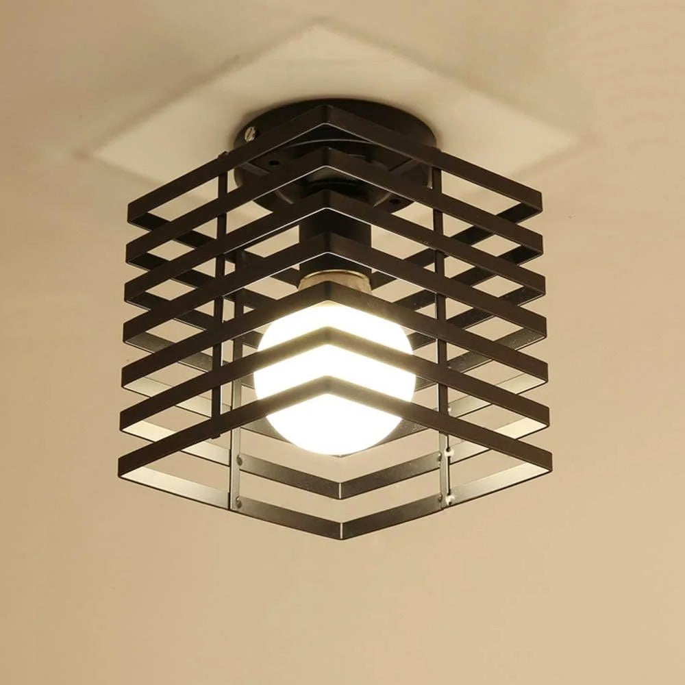 Vintage Industriële Plafondlamp – Zwarte Metalen Kubus Kooi Lamp met E27 Fitting