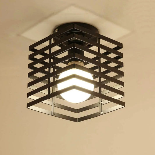 Vintage Industriële Plafondlamp – Zwarte Metalen Kubus Kooi Lamp met E27 Fitting