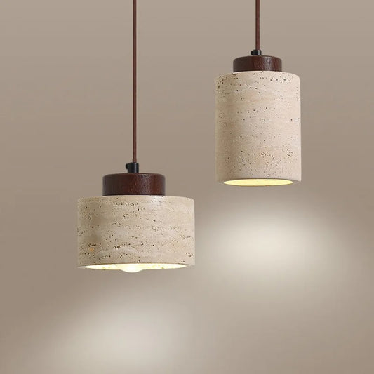 Japanse Wabi-Sabi Hanglamp – Handgemaakte Stenen Pendellamp met Gele Lampenkap – E27 – Sfeerverlichting voor Slaapkamer en Woonkamer