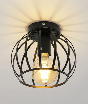 Vintage Industriële Plafondlamp – Zwarte Semi-Inbouw Kooi Lamp met E27 Fitting