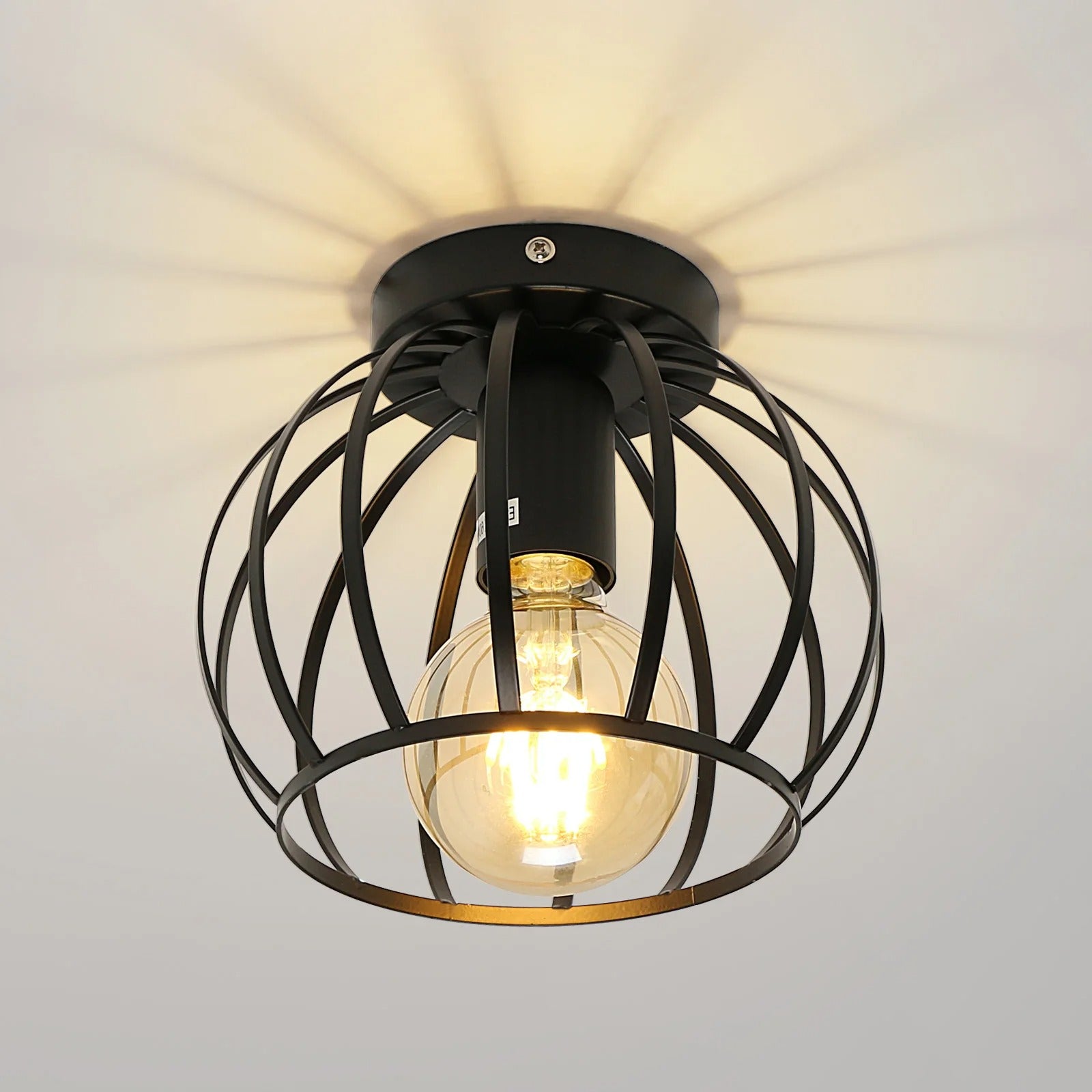 Vintage Industriële Plafondlamp – Zwarte Semi-Inbouw Kooi Lamp met E27 Fitting