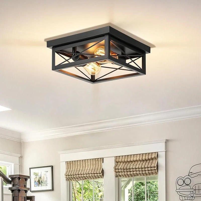 Retro Industriële Plafondlamp Zwart – Metalen Opbouwlamp met 2× E27 Fittingen voor Keuken en Eetkamer
