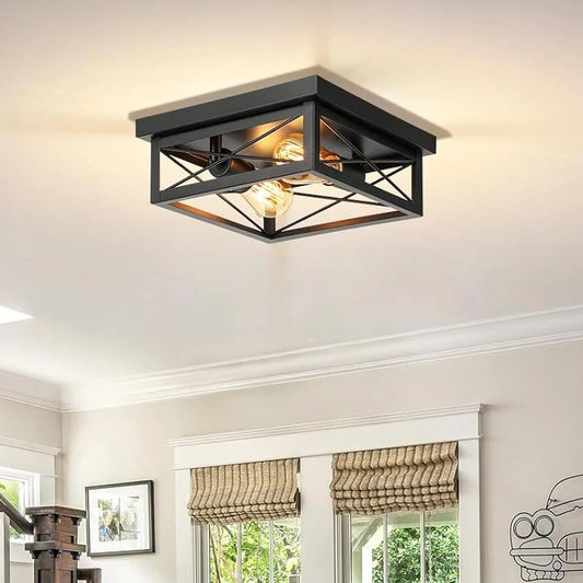Retro Industriële Plafondlamp Zwart – Metalen Opbouwlamp met 2× E27 Fittingen voor Keuken en Eetkamer