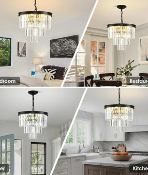 Moderne Zwarte Kristallen Kroonluchter – 3-Laags Ronde Hanglamp met Verstelbare Ketting en E14 Fitting