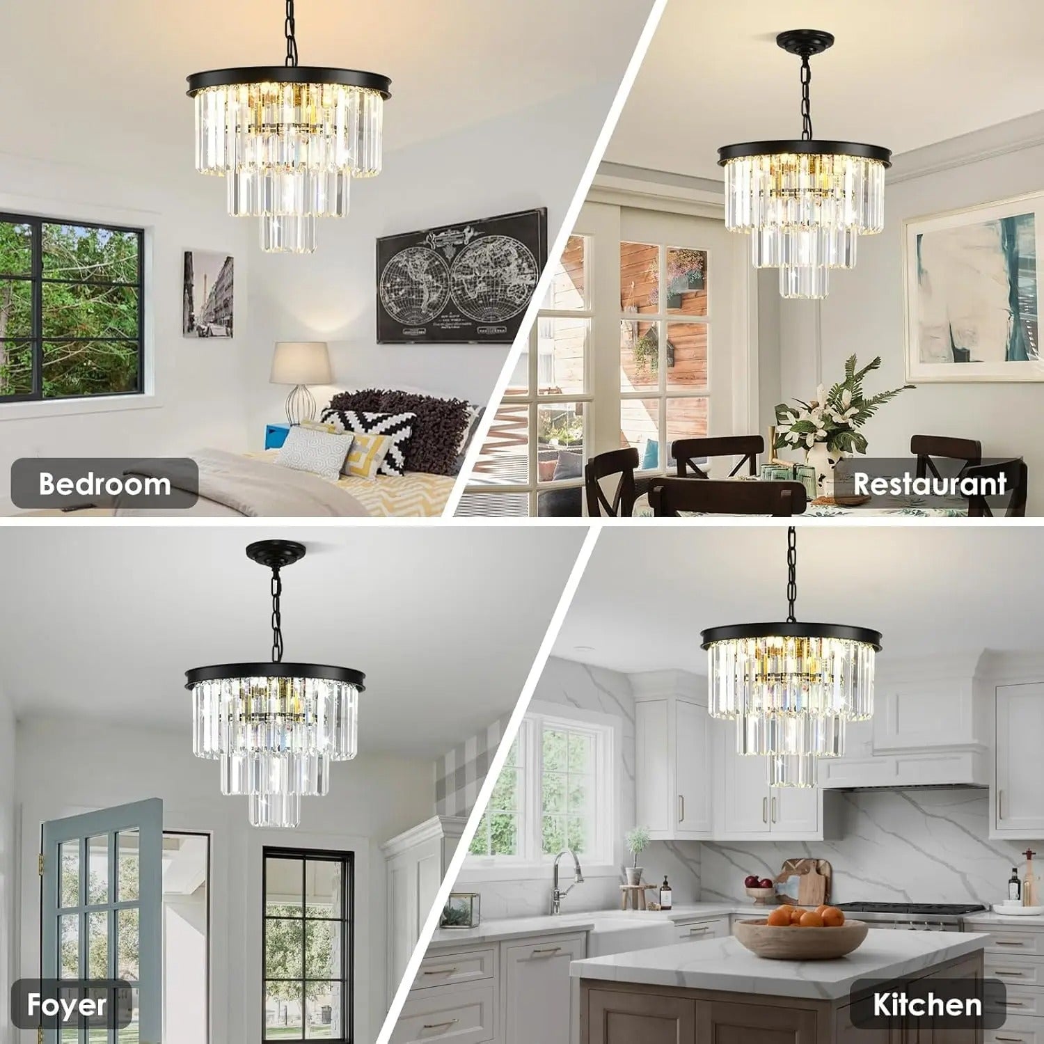 Moderne Zwarte Kristallen Kroonluchter – 3-Laags Ronde Hanglamp met Verstelbare Ketting en E14 Fitting