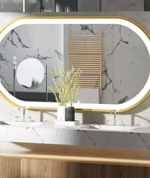 Ovale LED Badkamerspiegel met Gouden Frame – Dimbaar, Anticondens & Touchbediening – Luxe Spiegel met 3 Lichtkleuren en Geheugenfunctie