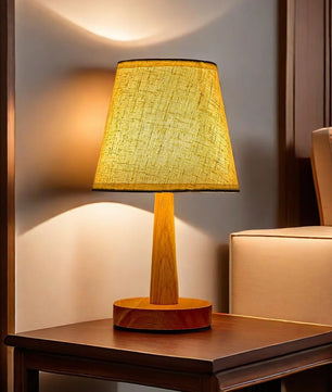 Stoffen Tafellamp met Houten Basis – LED Sfeerlamp in Japans Design met 3 Lichtkleuren voor Slaapkamer en Woonkamer