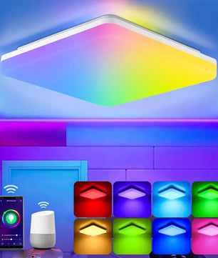 Smart LED RGB Plafondlamp – 24W Dimbaar 2700K–6500K – WiFi en Alexa Compatibel – Vierkant 28×28 cm voor Woonkamer, Slaapkamer en Kantoor