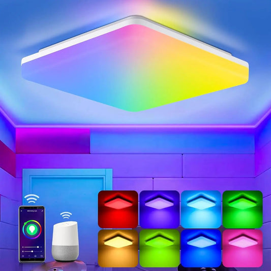 Smart LED RGB Plafondlamp – 24W Dimbaar 2700K–6500K – WiFi en Alexa Compatibel – Vierkant 28×28 cm voor Woonkamer, Slaapkamer en Kantoor