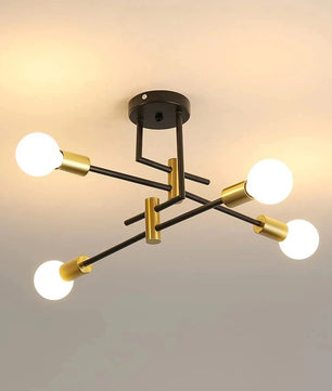 Industriële Kroonluchter Sputnik Ø70 cm – Vintage Plafondlamp 4-Lichts – Metaal Zwart met Goudaccenten – E27