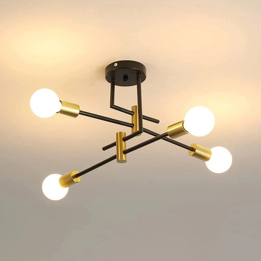 Industriële Kroonluchter Sputnik Ø70 cm – Vintage Plafondlamp 4-Lichts – Metaal Zwart met Goudaccenten – E27