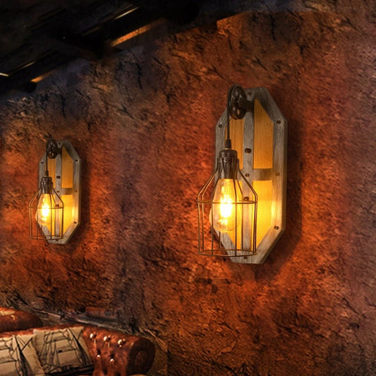 Vintage Wandlamp – Retro Steampunk Industrieel Design – Metaal en Hout – E27 Fitting – Voor Woonkamer, Keuken en Eetkamer